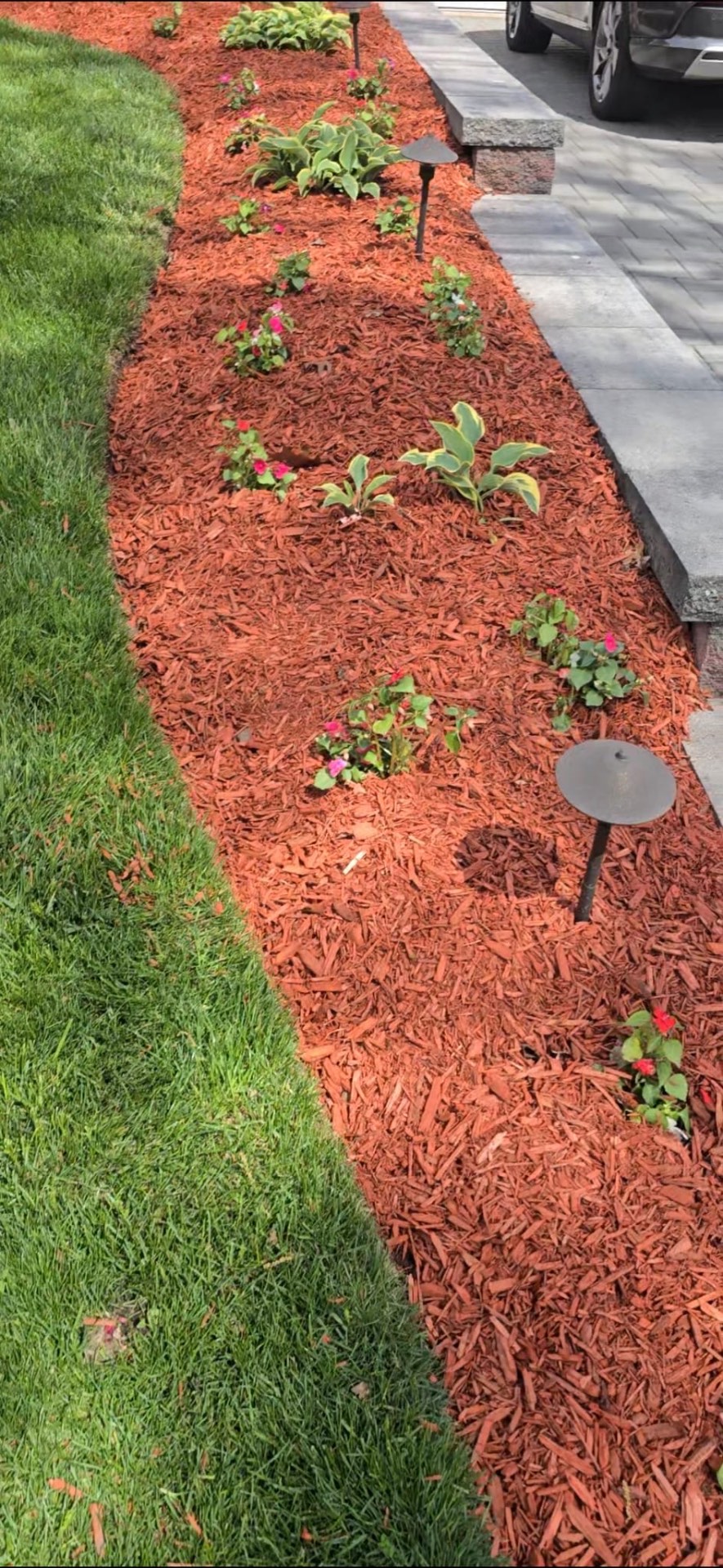 Fresh mulch bed with flowers